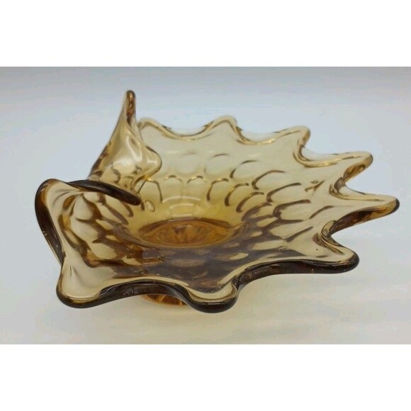 Amber Ashtray Dish Wave Art Glass MCM Folded Edge Footed  7.5” Vintage - Picture 1 of 5